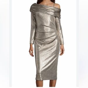 Betsy and Adam gold asymmetrical metallic gold midi dress, Festive dress